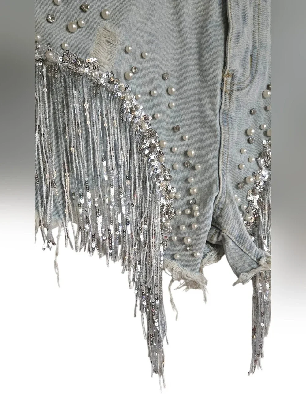 Denim Rhinestone Sequin Fringe Pearl Shorts Blue Size Large Festival